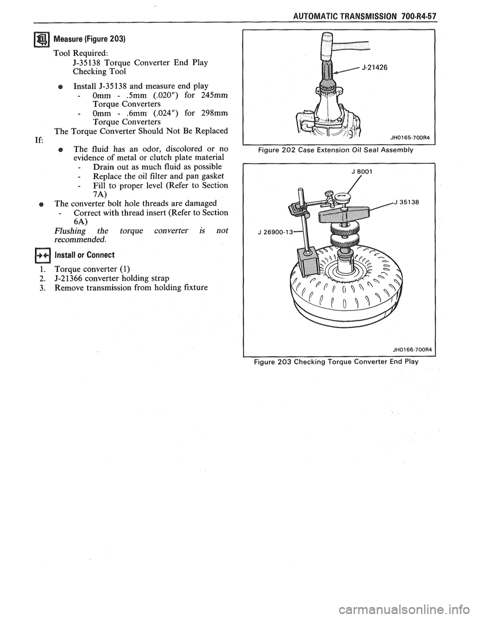 PONTIAC FIERO 1988  Service Repair Manual 
AUTOMATIC TRANSMISSION 700-R4-57 
If: 
e 
Measure (Figure 203) 
Tool  Required: 
J-35138  Torque Converter  End Play 
Checking Tool 
Install  J-35 138 and  measure end  play 
- Omm - .5mm (.02OU) for