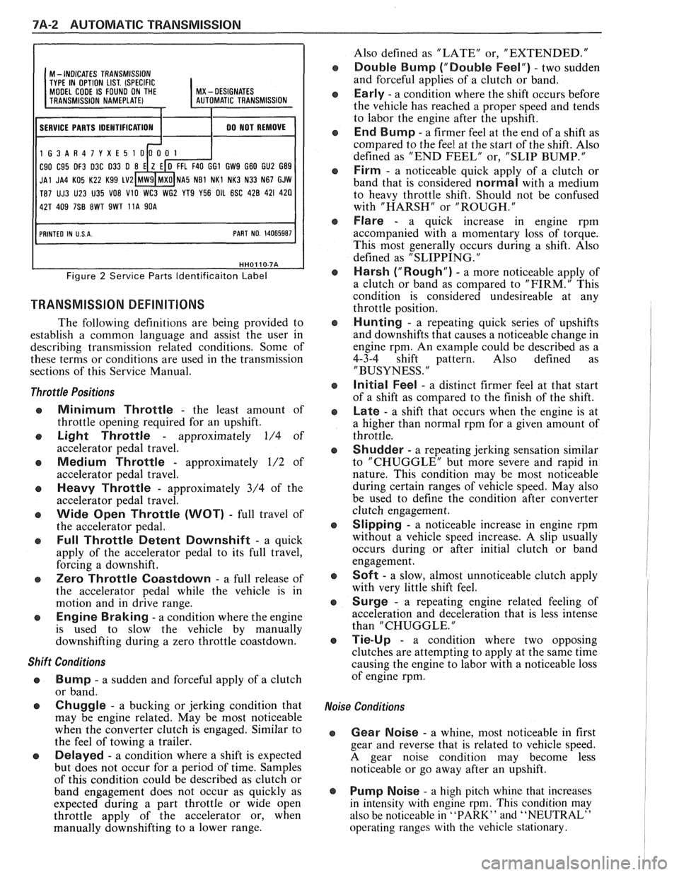 PONTIAC FIERO 1988  Service Owners Guide 
7A-2 AUTOMATIC TRANSMISSION 
I I 
M - INDICATES TRANSMISSION 
TYPE  IN OPTION  LIST. (SPECIFIC MODEL CODE IS FOUND  ON THE I MX - DESIGNATES 
11 SERVICE  PARTS IDEMTIFICATIOM I 1 00 MOT REMOVE I 
1G3