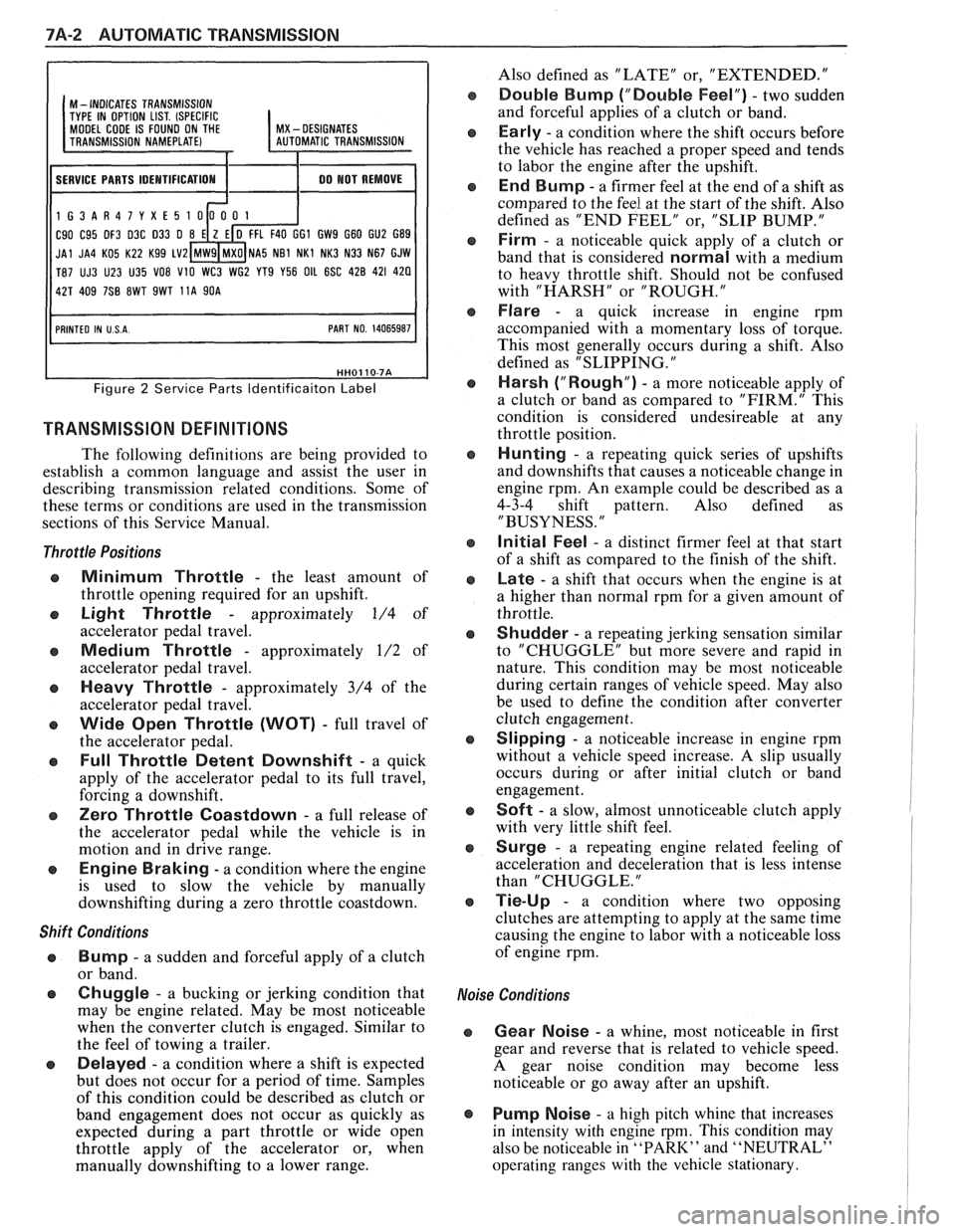 PONTIAC FIERO 1988  Service Repair Manual 
7A-2 AUTOMATIC TRANSMISSION 
I I 
M - INDICATES TRANSMISSION 
TYPE  IN OPTION  LIST. (SPECIFIC MODEL CODE IS FOUND  ON THE I MX - DESIGNATES 
11 SERVICE  PARTS IDEMTIFICATIOM I 1 00 MOT REMOVE I 
1G3