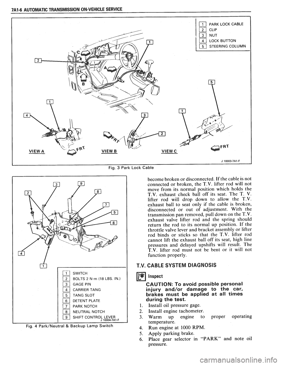 PONTIAC FIERO 1988  Service Repair Manual 
Fig. 3 Park Lock  Cable 
SWITCH 
( BOLTS 2 N.m (18 LBS. IN.) 
1 GAGE  PIN 
1 CARRIER  TANG 
1 TANG SLOT 
1 DETENT  PLATE 
( PARK NOTCH 
1 NEUTRAL  NOTCH 
1 SHIFT CONTROJLE$5t,-F 
Fig. 4 Park/Neutral 
