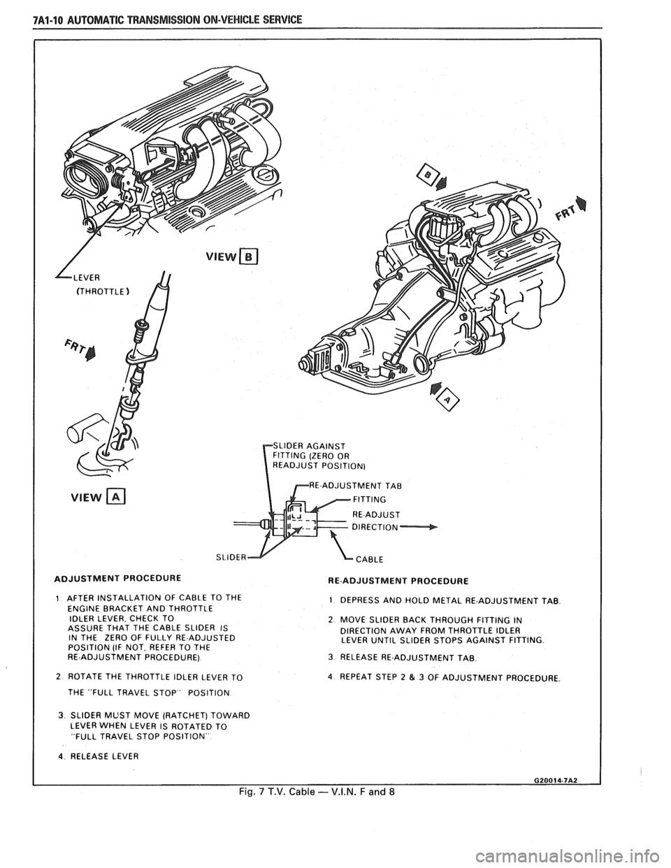 PONTIAC FIERO 1988  Service Repair Manual 
7A1-10 AUTOMATIC TRANSMISSION  ON-VEHICLE SERVICE 
 rRE-ADJUSTMENT TAB 
ADJUSTMENT PROCEDURE 
RE-ADJUSTMENT PROCEDURE 
1 AFTER INSTALLATION  OF CABLE  TO THE 
ENGINE  BRACKET  AND THROTTLE 1 DEPRESS 