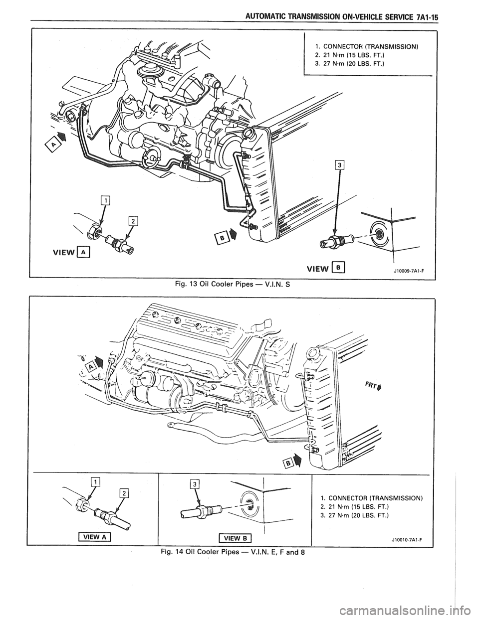 PONTIAC FIERO 1988 Service Repair Manual
1. CONNECTOR (TRANSMISSION)
2. 21 N.m (15 LBS. FT.)
3. 27 N.m (20 LBS. FT.)
J10009-7A1-F
Fig. 13 Oil Cooler Pipes - V.I.N. S
1. CONNECTOR (TRANSMISSION)
2.
21 Nm (15 LBS. FT.)
3. 27 Nm PONTIAC FIERO 1988 Service Repair Manual
1. CONNECTOR (TRANSMISSION)
2. 21 N.m (15 LBS. FT.)
3. 27 N.m (20 LBS. FT.)
J10009-7A1-F
Fig. 13 Oil Cooler Pipes - V.I.N. S
1. CONNECTOR (TRANSMISSION)
2.
21 Nm (15 LBS. FT.)
3. 27 Nm