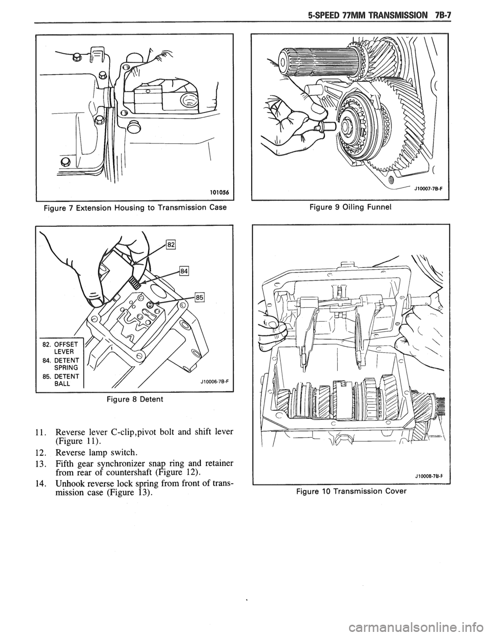 PONTIAC FIERO 1988 Service Repair Manual
Figure 7 Extension Housing to Transmission Case Figure 9 Oiling
Funnel
Figure
8 Detent
11. Reverse lever C-clip,pivot bolt and shift lever
(Figure
1 I).
12. Reverse lamp switch.
13. F PONTIAC FIERO 1988 Service Repair Manual
Figure 7 Extension Housing to Transmission Case Figure 9 Oiling
Funnel
Figure
8 Detent
11. Reverse lever C-clip,pivot bolt and shift lever
(Figure
1 I).
12. Reverse lamp switch.
13. F