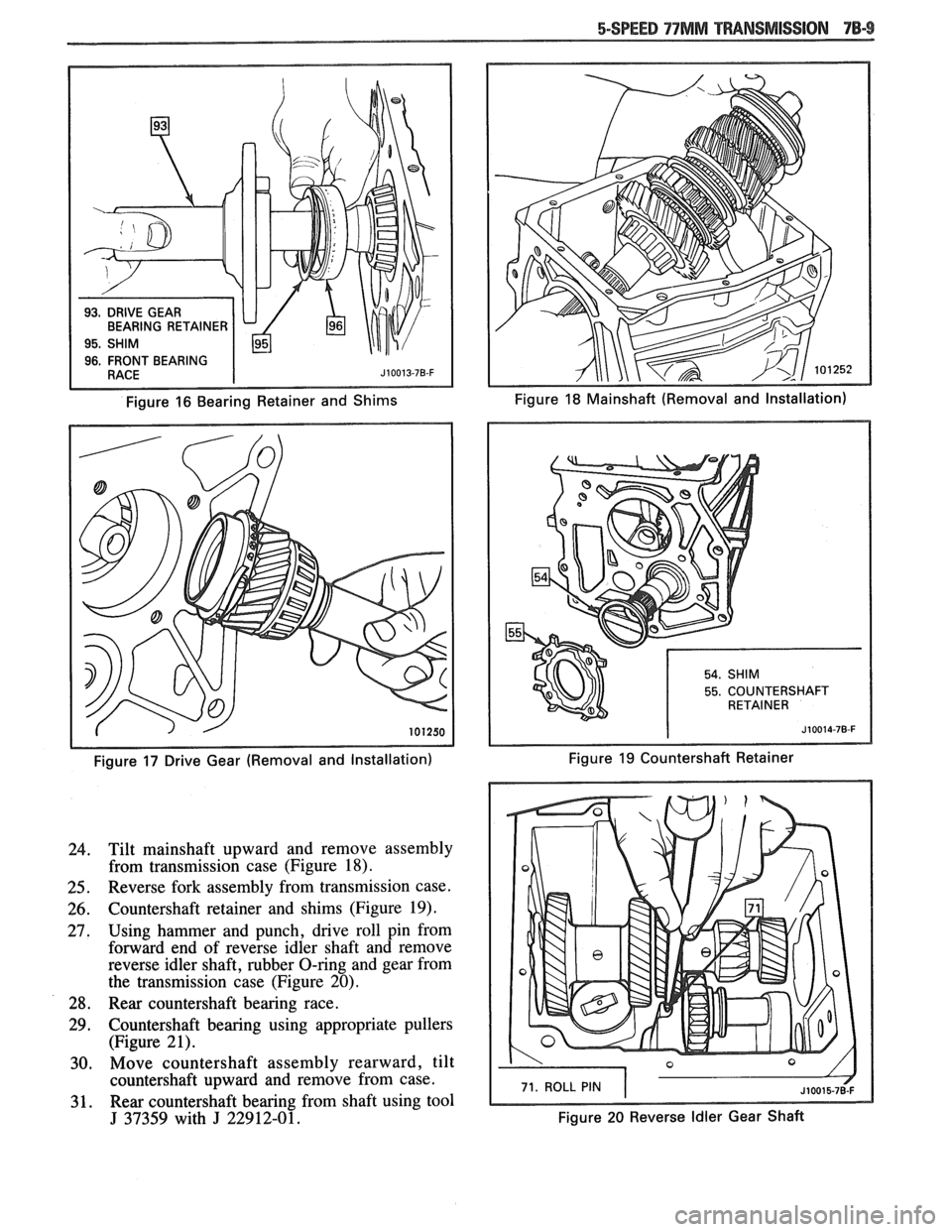 PONTIAC FIERO 1988 Service Repair Manual
BEARING RETAINER
Figure 16 Bearing Retainer and Shims Figure 18 Mainshaft
(Removal and Installation)
Figure
17 Drive Gear (Removal and Installation)
Tilt mainshaft upward and remove ass PONTIAC FIERO 1988 Service Repair Manual
BEARING RETAINER
Figure 16 Bearing Retainer and Shims Figure 18 Mainshaft
(Removal and Installation)
Figure
17 Drive Gear (Removal and Installation)
Tilt mainshaft upward and remove ass