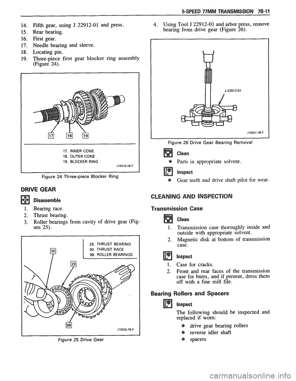 PONTIAC FIERO 1988 Service Repair Manual
5-SPEED 77MM TRANSMISSION 78-9 1
14. Fifth gear, using J 22912-01 and press.
15. Rear bearing.
16. First gear.
17. Needle bearing and sleeve.
18. Locating pin.
19. Three-piece first gear PONTIAC FIERO 1988 Service Repair Manual
5-SPEED 77MM TRANSMISSION 78-9 1
14. Fifth gear, using J 22912-01 and press.
15. Rear bearing.
16. First gear.
17. Needle bearing and sleeve.
18. Locating pin.
19. Three-piece first gear