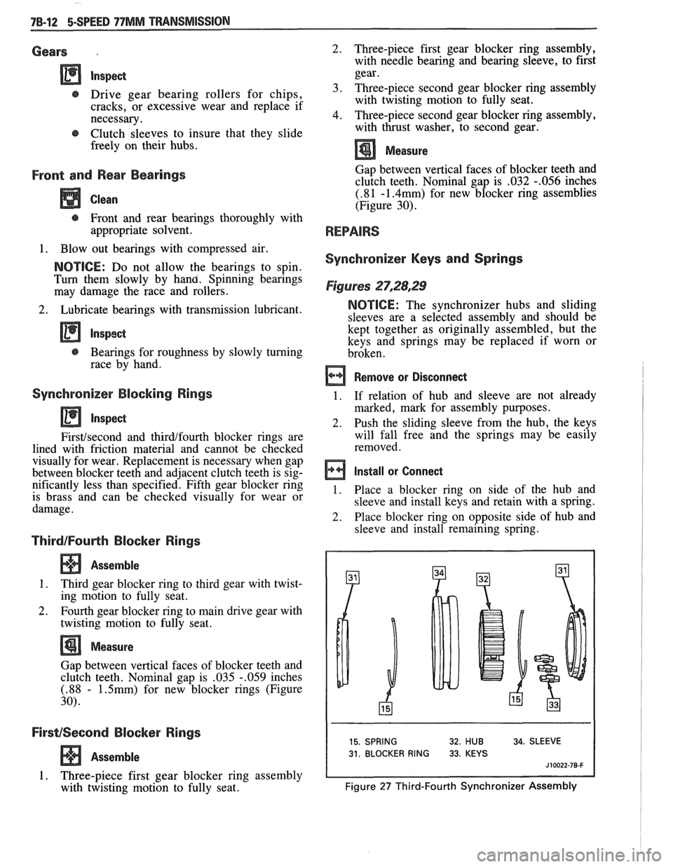 PONTIAC FIERO 1988 Service Repair Manual
Gears .
t, Drive gear bearing rollers for chips,
cracks, or excessive wear and replace if
necessary.
@ Clutch sleeves to insure that they slide
freely on their hubs.
Front and Rea PONTIAC FIERO 1988 Service Repair Manual
Gears .
t, Drive gear bearing rollers for chips,
cracks, or excessive wear and replace if
necessary.
@ Clutch sleeves to insure that they slide
freely on their hubs.
Front and Rea