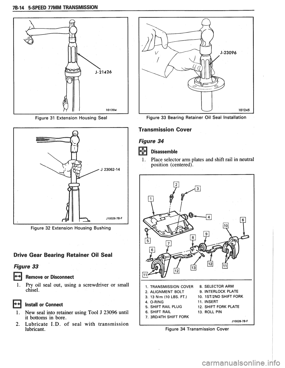 PONTIAC FIERO 1988 Service Repair Manual
Figure 31 Extension Housing Seal
Figure
32 Extension Housing Bushing
Drive Gear Bearing Retainer Oil Seal
Figure 33
Remove or Disconnect
1. Pry oil seal out, using a screwdriver or smal PONTIAC FIERO 1988 Service Repair Manual
Figure 31 Extension Housing Seal
Figure
32 Extension Housing Bushing
Drive Gear Bearing Retainer Oil Seal
Figure 33
Remove or Disconnect
1. Pry oil seal out, using a screwdriver or smal