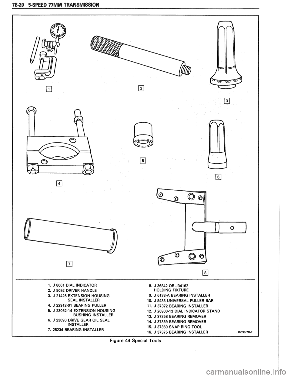 PONTIAC FIERO 1988 Service Repair Manual
1. J 8001 DIAL INDICATOR
8. J 36842 OR J34162 2. J 8092 DRIVER HANDLE HOLDING FIXTURE
3. J 21426 EXTENSION HOUSING 9.
J 6133-A
BEARING INSTALLER
SEAL INSTALLER 10. J 8433 UNIVERSAL PONTIAC FIERO 1988 Service Repair Manual
1. J 8001 DIAL INDICATOR
8. J 36842 OR J34162 2. J 8092 DRIVER HANDLE HOLDING FIXTURE
3. J 21426 EXTENSION HOUSING 9.
J 6133-A
BEARING INSTALLER
SEAL INSTALLER 10. J 8433 UNIVERSAL