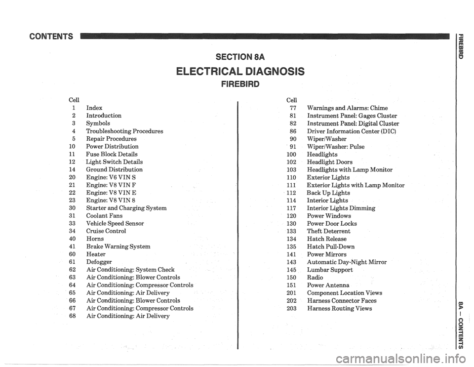 PONTIAC FIERO 1988  Service Repair Manual 
CONTENTS 
ELECTRICAL DIAGNOSIS 
Cell 
1 
2 
3  
4  5 
10 
11 
12  14 
20 
21  
22 
23 
30  
31 
33  
34 
40  
4 
1 
60  
61 
62 
63  
64  
65  
66 
67 
68 
Index 
Introduction  
Symbols 
Troubleshoot