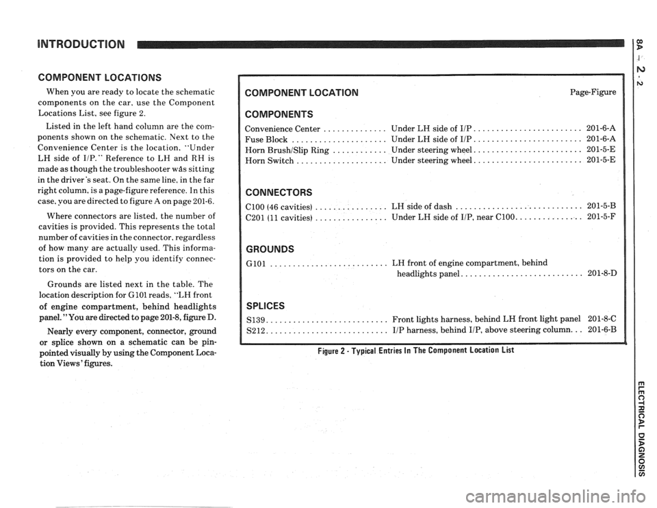 PONTIAC FIERO 1988  Service Repair Manual 
INTRODUCTION 
COMPONENT LOCATIONS 
When you are ready  to locate  the schematic 
components  on the  car, use  the Component 
Locations  List, see figure  2. 
Listed  in the  left hand  column are th