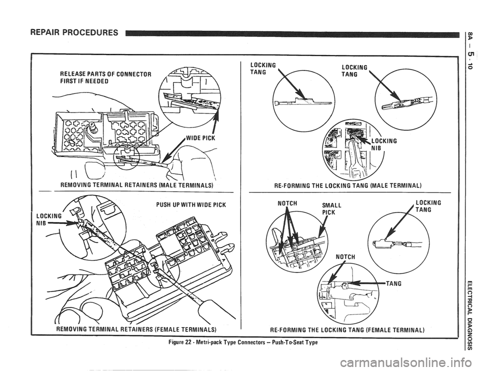 PONTIAC FIERO 1988 Service Repair Manual
REPAIR PROCEDURES 1:
RELEASE PARTS OF CONNECTOR
FIRST
IF NEEDED
REMOVING TERMINAL RETAINERS (MALE TERMINALS)
RE-FORMING THE LOCKING TANG (MALE TERMINAL)
REMOVING TERMINAL RETAINERS (FEMA PONTIAC FIERO 1988 Service Repair Manual
REPAIR PROCEDURES 1:
RELEASE PARTS OF CONNECTOR
FIRST
IF NEEDED
REMOVING TERMINAL RETAINERS (MALE TERMINALS)
RE-FORMING THE LOCKING TANG (MALE TERMINAL)
REMOVING TERMINAL RETAINERS (FEMA
