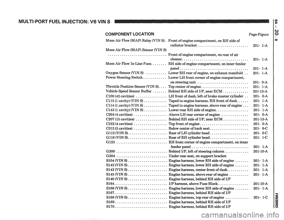 PONTIAC FIERO 1988  Service Repair Manual 
COMPONENT LOCATION Page-Figure 
Mass  Air Flow  (MAF)  Relay (VIN 
S) . Front  of engine  compartment.  on RH  side  of 
radiator bracket 
.......................... 
Mass Air Flow  (MAF)  Sensor  (V