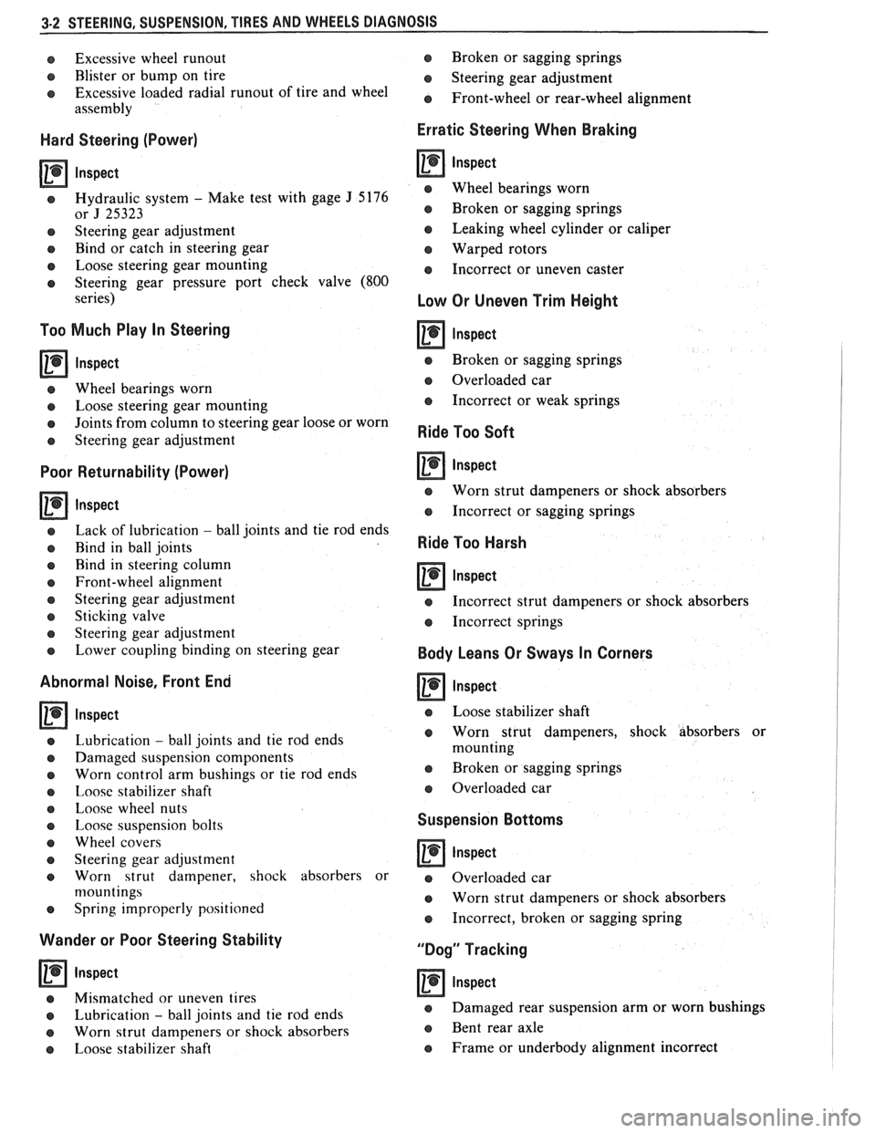 PONTIAC FIERO 1988  Service Repair Manual 
3-2 STEERING, SUSPENSION,  TIRES AND WHEELS  DIAGNOSIS 
o Excessive  wheel runout 
e Blister or bump  on tire 
e Excessive  loaded  radial runout of tire  and  wheel 
assembly 
Hard  Steering  (Power