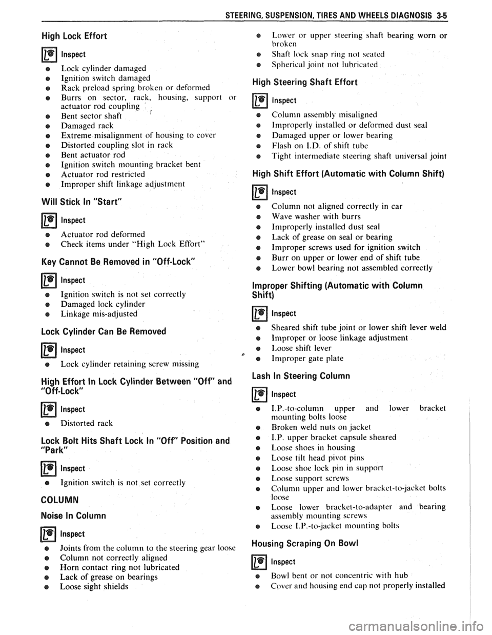 PONTIAC FIERO 1988  Service Repair Manual 
STEERING. SUSPENSION. TIRES  AND WHEELS  DIAGNOSIS 3-5 
High Lock  Effort 
rn lnspect 
e Lock cylinder  damaged 
e Ignition switch damaged 
o Rack preload  spring broken  or deformed 
e Burrs  on sec