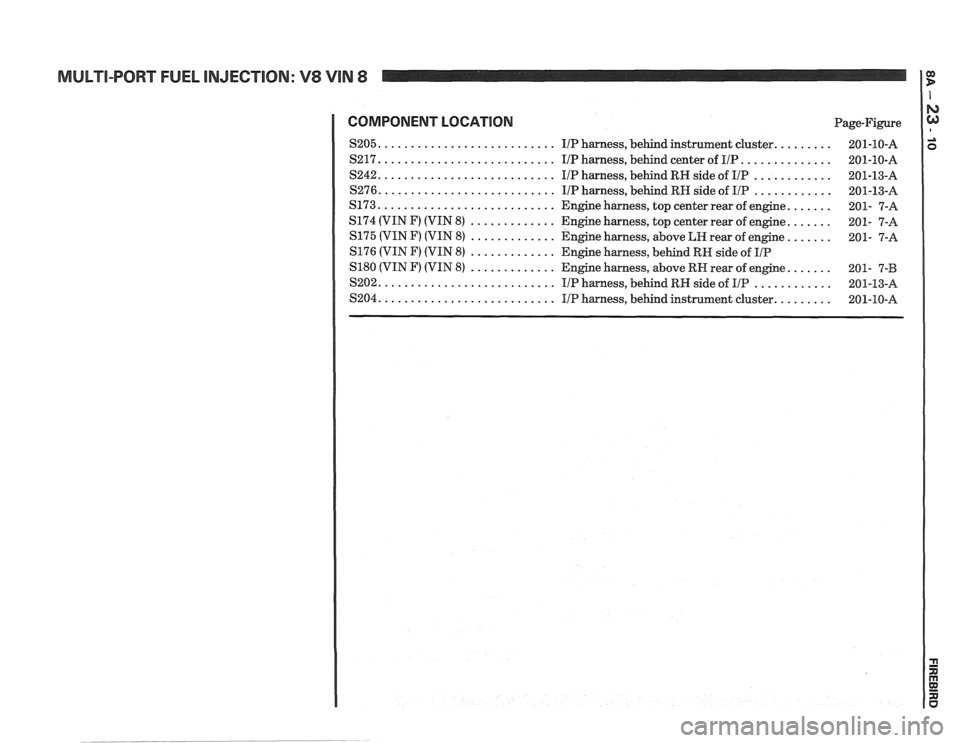 PONTIAC FIERO 1988 Service Repair Manual
MULTI-PORT FUEL INJECTION: V8 VIN 8 1:
COMPONENT LOCATION Page-Figure
........ S205. .......................... IIP harness, behind instrument cluster.
.............. S217. .................... PONTIAC FIERO 1988 Service Repair Manual
MULTI-PORT FUEL INJECTION: V8 VIN 8 1:
COMPONENT LOCATION Page-Figure
........ S205. .......................... IIP harness, behind instrument cluster.
.............. S217. ....................
