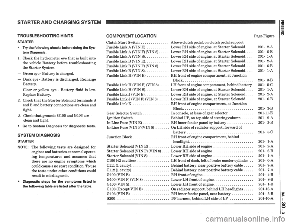 PONTIAC FIERO 1988 Service Repair Manual
TROUBLESHOOTING HINTS
STARTER
Try the following checks before doing
the Sys-
tem Diagnosis
.
1 . Check the hydrometer eye that is built into
the vehicle Battery before troubleshootin PONTIAC FIERO 1988 Service Repair Manual
TROUBLESHOOTING HINTS
STARTER
Try the following checks before doing
the Sys-
tem Diagnosis
.
1 . Check the hydrometer eye that is built into
the vehicle Battery before troubleshootin