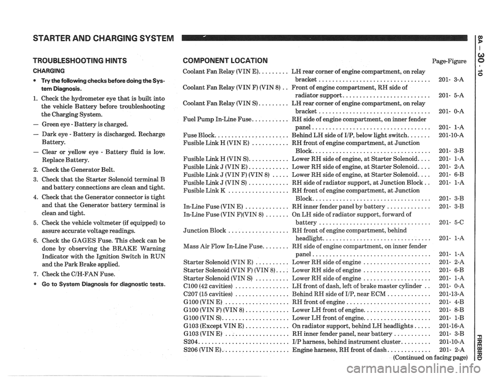 PONTIAC FIERO 1988 Service Repair Manual
STARTER AND CHARGING SYSTEM
TROUBLESHOOTING HINTS
CHARGING
* Try the following checks before doing the Sys-
tem Diagnosis
.
1 . Check the hydrometer eye that is built into
the vehicle PONTIAC FIERO 1988 Service Repair Manual
STARTER AND CHARGING SYSTEM
TROUBLESHOOTING HINTS
CHARGING
* Try the following checks before doing the Sys-
tem Diagnosis
.
1 . Check the hydrometer eye that is built into
the vehicle