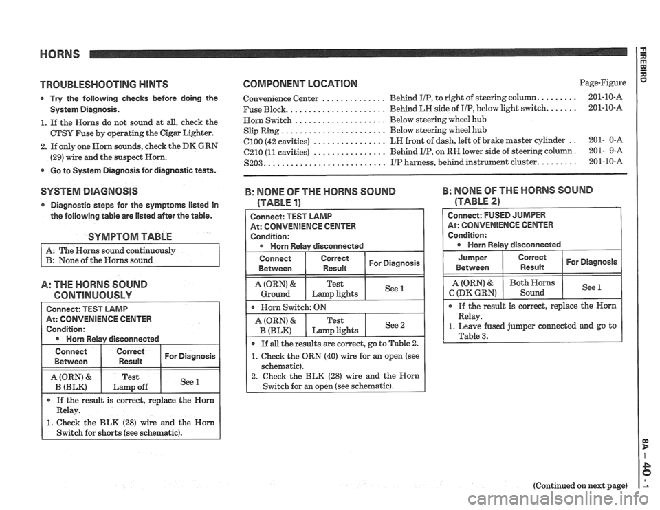 PONTIAC FIERO 1988 Service Repair Manual
HORNS
TROUBEESHOOTlNG HINTS
Try the following checks before doing the
System Diagnosis.
1. If the Horns do not sound at all, check the
CTSY Fuse by operating the Cigar Lighter.
2. I PONTIAC FIERO 1988 Service Repair Manual
HORNS
TROUBEESHOOTlNG HINTS
Try the following checks before doing the
System Diagnosis.
1. If the Horns do not sound at all, check the
CTSY Fuse by operating the Cigar Lighter.
2. I