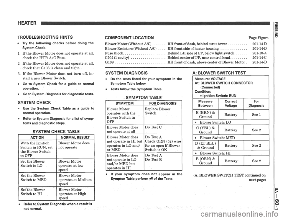 PONTIAC FIERO 1988 Service Repair Manual
HEATER
TROUBLESMOOTlNG HINTS
e Try the following checlcs before doing the
System Check.
1. If the Blower Motor does not operate at all,
check the
HTR A/C Fuse.
2. If the Blower Motor PONTIAC FIERO 1988 Service Repair Manual
HEATER
TROUBLESMOOTlNG HINTS
e Try the following checlcs before doing the
System Check.
1. If the Blower Motor does not operate at all,
check the
HTR A/C Fuse.
2. If the Blower Motor
