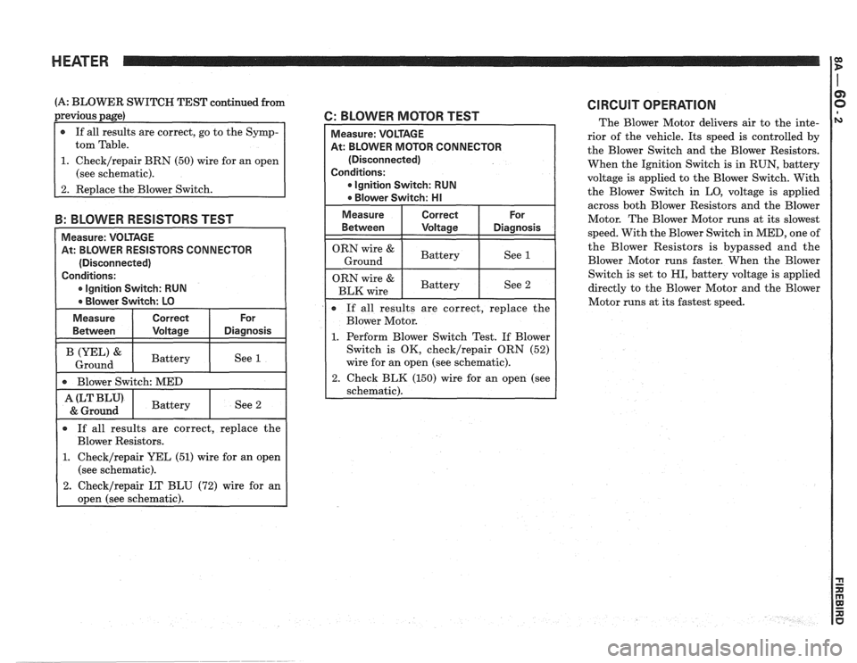 PONTIAC FIERO 1988 Service Repair Manual
HEATER
(A: BLOWER SWITCH TEST continued from
previous page)
1. Check/repair BRN (50) wire for an open
(see schematic).
3: BLOWER RESlSTORS TEST
Measure: VOLTAGE
At: BLOWER RESISTORS CON PONTIAC FIERO 1988 Service Repair Manual
HEATER
(A: BLOWER SWITCH TEST continued from
previous page)
1. Check/repair BRN (50) wire for an open
(see schematic).
3: BLOWER RESlSTORS TEST
Measure: VOLTAGE
At: BLOWER RESISTORS CON