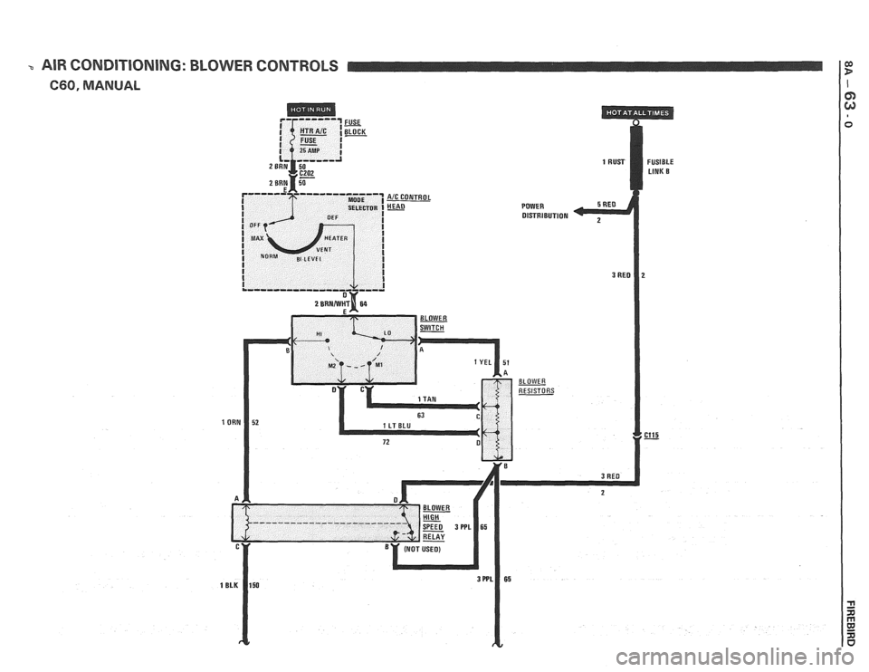 PONTIAC FIERO 1988 Service Repair Manual
3 AIR CONDIB18NING: BLOWER CONTROLS
C60, MANUAL
POWER DISTRIBUTION
1 ORN
BLOWER
RESISTORS PONTIAC FIERO 1988 Service Repair Manual
3 AIR CONDIB18NING: BLOWER CONTROLS
C60, MANUAL
POWER DISTRIBUTION
1 ORN
BLOWER
RESISTORS