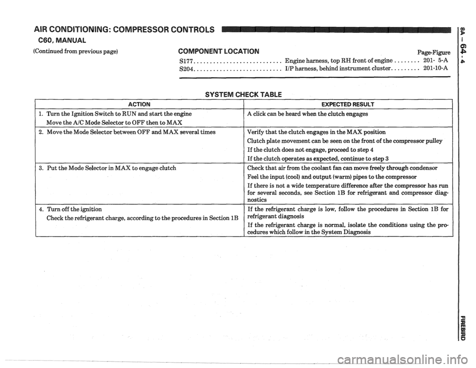 PONTIAC FIERO 1988 Service Repair Manual
AIR CONDITIONING: COMPRESSOR CONTROLS OD D
C60. MANUAL I I
(Continued from previous page) COMPONENT LOCATION
.......................... $177. Engine harness,
top RN front of engine ........ 201 PONTIAC FIERO 1988 Service Repair Manual
AIR CONDITIONING: COMPRESSOR CONTROLS OD D
C60. MANUAL I I
(Continued from previous page) COMPONENT LOCATION
.......................... $177. Engine harness,
top RN front of engine ........ 201