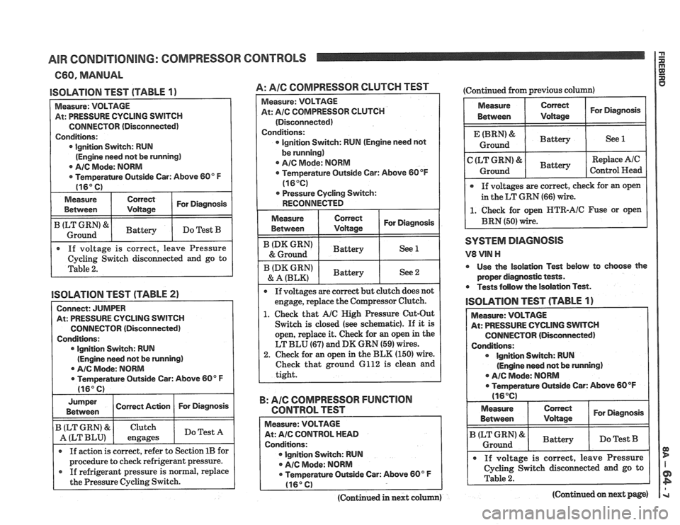 PONTIAC FIERO 1988 Service Repair Manual
AIR CONDITIONING: COMPRESSOR
660, MANUAL
ISOLATION TEST (TABLE 1)
Measure: VOLTAGE
At: PRESSURE CYCLING
SWITCH
CONNECTOR (Disconnected)
Conditions: lgnition Switch: RUN
(Engine need no PONTIAC FIERO 1988 Service Repair Manual
AIR CONDITIONING: COMPRESSOR
660, MANUAL
ISOLATION TEST (TABLE 1)
Measure: VOLTAGE
At: PRESSURE CYCLING
SWITCH
CONNECTOR (Disconnected)
Conditions: lgnition Switch: RUN
(Engine need no