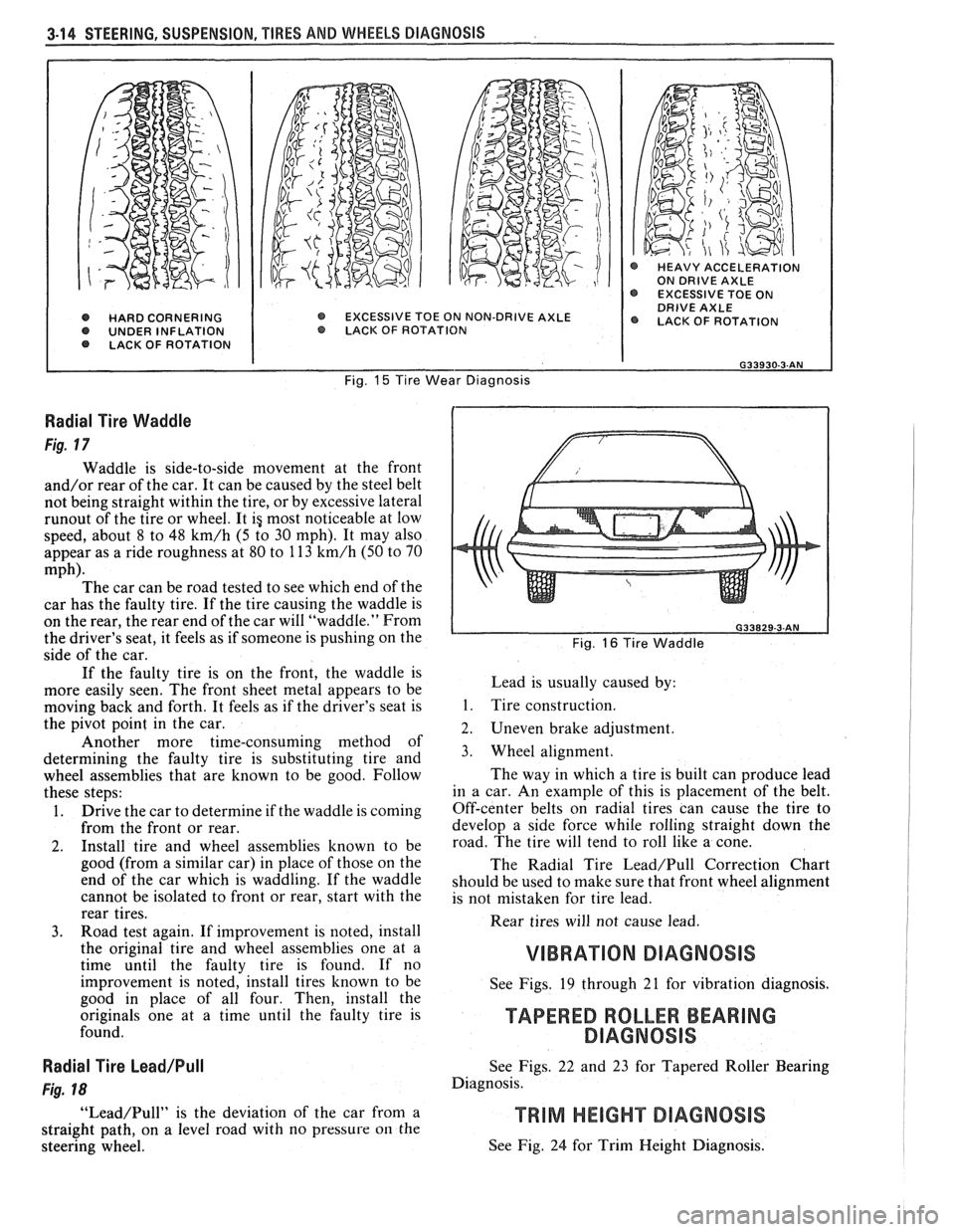 PONTIAC FIERO 1988  Service Repair Manual 
3-14 STEERING, SUSPENSION,  TIRES AND WHEELS DIAGNOSIS 
@ HARD CORNERING O UNDER INFLATION LACK OF ROTATION 
@ HEAVY ACCELERATION ON DRIVE AXLE EXCESSIVE TOE ON DRIVE AXLE EXCESSIVE TOE ON NON-DRIVE 