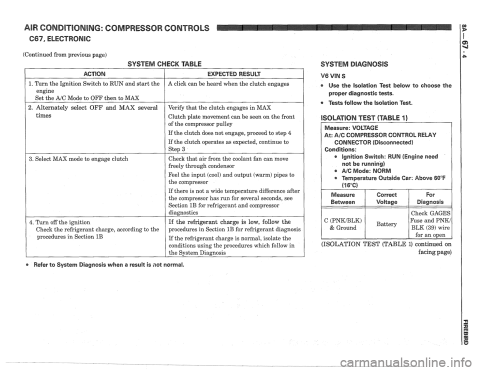 PONTIAC FIERO 1988 Service Repair Manual
AIR CONDITIONING: COMPRESSOR CONTROLS
667, ELECTRONIC:
(Continued from previous page)
SYSTEM CHECK TABLE SYSTEM DIAGNOSIS
times
ACTION
1. Turn the Ignition Switch to RUN and start the
engin PONTIAC FIERO 1988 Service Repair Manual
AIR CONDITIONING: COMPRESSOR CONTROLS
667, ELECTRONIC:
(Continued from previous page)
SYSTEM CHECK TABLE SYSTEM DIAGNOSIS
times
ACTION
1. Turn the Ignition Switch to RUN and start the
engin