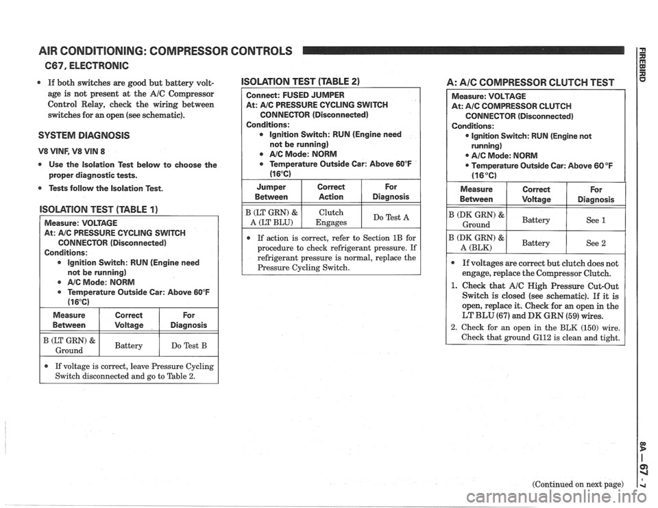 PONTIAC FIERO 1988 Service Repair Manual
AIR CONDITIONING: COMPRESSOR CONTROLS
667, ELECTRONIC
r If both switches are good but battery volt-
age is not present at the
A/C Compressor
Control Relay, check the wiring between
s PONTIAC FIERO 1988 Service Repair Manual
AIR CONDITIONING: COMPRESSOR CONTROLS
667, ELECTRONIC
r If both switches are good but battery volt-
age is not present at the
A/C Compressor
Control Relay, check the wiring between
s