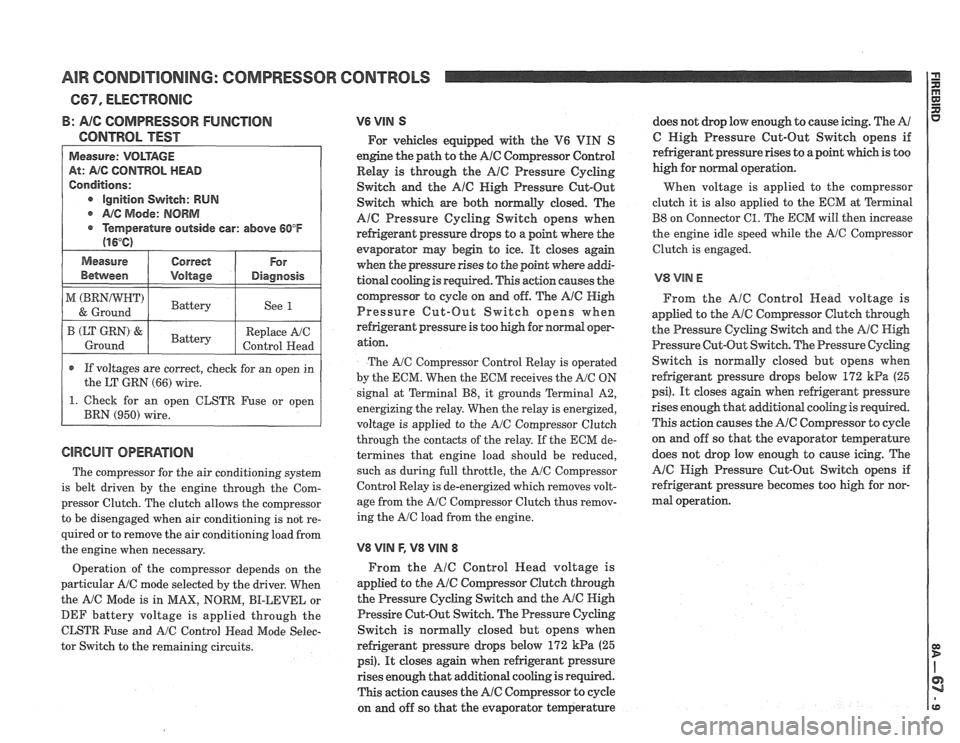 PONTIAC FIERO 1988 Service Repair Manual
AIR CONDITIONING: COMPRESSOR CONTROLS
B: AIG COMPRESSOR FUNGTlON
CONTROL TEST
Measure: VOLTAGE
At: AIG CONTROL HEAD
Conditions:
e Ignition Switch: RUN
@ A/C Mode: NORM
@ Temperature outside PONTIAC FIERO 1988 Service Repair Manual
AIR CONDITIONING: COMPRESSOR CONTROLS
B: AIG COMPRESSOR FUNGTlON
CONTROL TEST
Measure: VOLTAGE
At: AIG CONTROL HEAD
Conditions:
e Ignition Switch: RUN
@ A/C Mode: NORM
@ Temperature outside