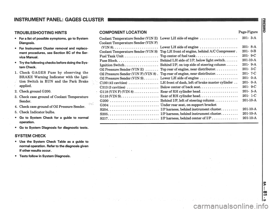 PONTIAC FIERO 1988  Service Repair Manual 
INSTRUMENT PANEL: GAGES CLUSTER 
TROUBLESHOOTING HINTS COMPONENT  LOCATION Page-Figure 
* For a list  of possible symptoms,  go to System Coolant  Temperature Sender  (VIN E) Lower LH side  of engine