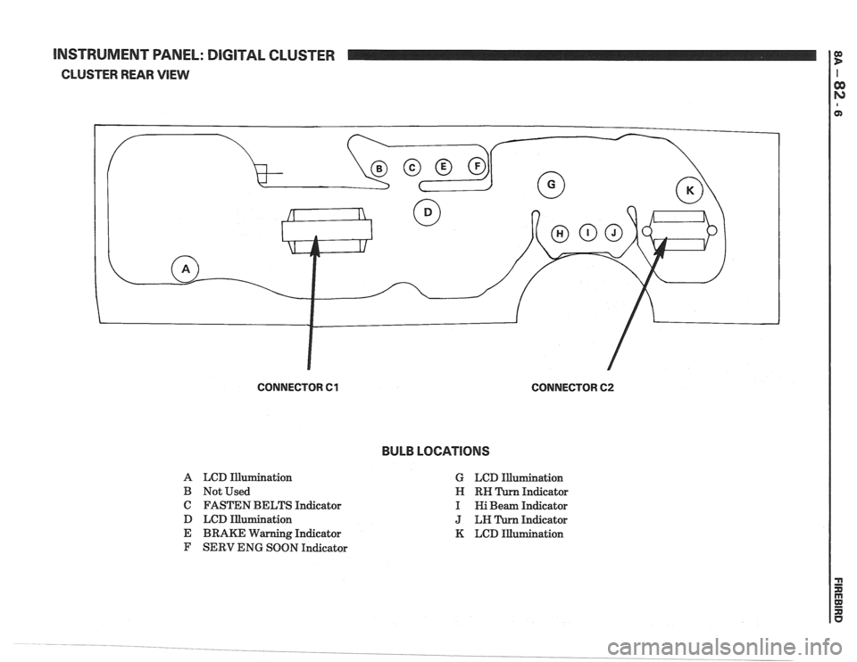 PONTIAC FIERO 1988 Service Repair Manual
[NSTRUMENT WNEL: DIGITAL CLUSTER
CLUSTER REAR VlEW
CONNECTOR 61 CONNECTOR 62
BULB LOCATIONS
A LCD Illurnination
B Not Used
C FASTEN BELTS Indicator
D LCD Illumination
E BRAKE Warning I PONTIAC FIERO 1988 Service Repair Manual
[NSTRUMENT WNEL: DIGITAL CLUSTER
CLUSTER REAR VlEW
CONNECTOR 61 CONNECTOR 62
BULB LOCATIONS
A LCD Illurnination
B Not Used
C FASTEN BELTS Indicator
D LCD Illumination
E BRAKE Warning I