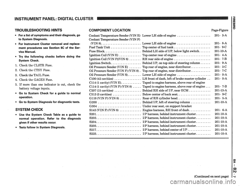 PONTIAC FIERO 1988 Service Repair Manual
INSTRUMENT PANEL: DIGITAL CLUSTER a
TROUBLESHOOTING HINTS COMPONENT LOCATION u Page-Figure
0 For a list of symptoms and their diagnosis. go
to System Diagnosis
.
0 For Instrument Cluster PONTIAC FIERO 1988 Service Repair Manual
INSTRUMENT PANEL: DIGITAL CLUSTER a
TROUBLESHOOTING HINTS COMPONENT LOCATION u Page-Figure
0 For a list of symptoms and their diagnosis. go
to System Diagnosis
.
0 For Instrument Cluster