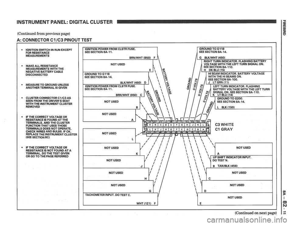 PONTIAC FIERO 1988 Service Repair Manual
INSTRUMENT PANEL: DIGITAL CLUSTER
(Continued from previous page)
A: CONNECTOR C1 163 PINOUT TEST
IGNITION SWITCH IN RUN EXCEPT
FOR RESISTANCE
MEASUREMENTS
* MAKE ALL RESISTANCE
MEASUREME PONTIAC FIERO 1988 Service Repair Manual
INSTRUMENT PANEL: DIGITAL CLUSTER
(Continued from previous page)
A: CONNECTOR C1 163 PINOUT TEST
IGNITION SWITCH IN RUN EXCEPT
FOR RESISTANCE
MEASUREMENTS
* MAKE ALL RESISTANCE
MEASUREME