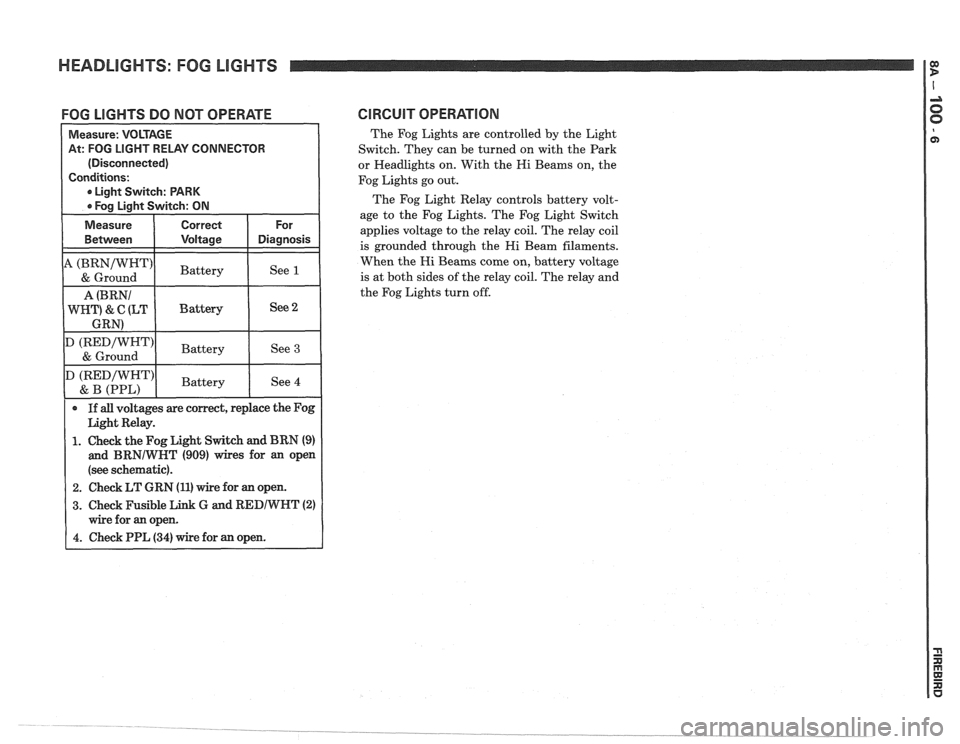 PONTIAC FIERO 1988 Service Repair Manual
HEADLIGHTS: FOG LIGHTS
FOG LIGHTS DO NOT OPERATE CIRCUIT OPERATlON
The Fog Lights are controlled by the Light
Switch. They can be turned on with the Park
or Headlights on. With the Hi PONTIAC FIERO 1988 Service Repair Manual
HEADLIGHTS: FOG LIGHTS
FOG LIGHTS DO NOT OPERATE CIRCUIT OPERATlON
The Fog Lights are controlled by the Light
Switch. They can be turned on with the Park
or Headlights on. With the Hi