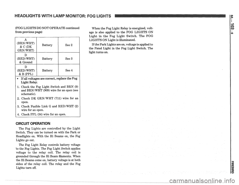 PONTIAC FIERO 1988  Service Repair Manual 
HEADLIGHTS WITH LAMP MONITOR: FOG LIGHTS 
I7 
(FOG  LIGHTS  DO NOT  OPERATE  continued 
When the Fog  Light  Relay  is energized, volt- 
from  previous  page) 
age is also  applied  to the  FOG  LIGH