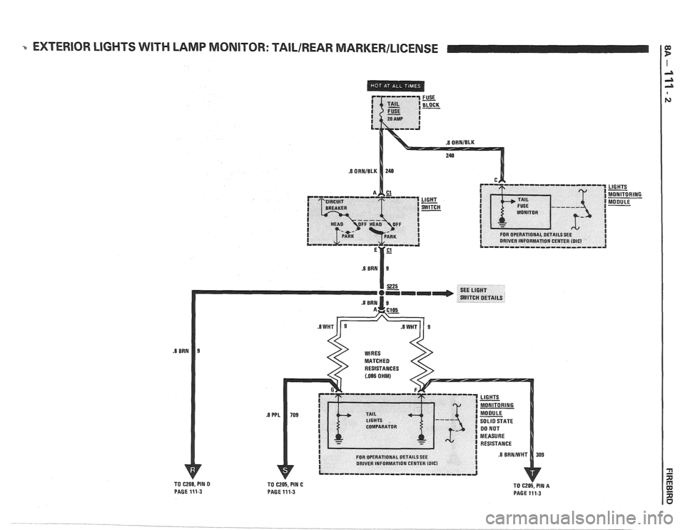 PONTIAC FIERO 1988 Service Repair Manual
EXTERIOR LIGHTS WITH LAMP MONITOR: TAlLIREAR MARKERILICENSE
TO C208, PIN D PAGE 111-3
a -:HE0 RESISTANCES $
TO C205. PIN C
PAGE 111-3 TO 6205. PIN A
PAGE 111-3 PONTIAC FIERO 1988 Service Repair Manual
EXTERIOR LIGHTS WITH LAMP MONITOR: TAlLIREAR MARKERILICENSE
TO C208, PIN D PAGE 111-3
a -:HE0 RESISTANCES $
TO C205. PIN C
PAGE 111-3 TO 6205. PIN A
PAGE 111-3