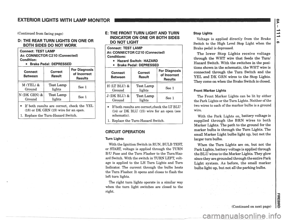 PONTIAC FIERO 1988 Service Repair Manual
EXTERIOR LIGHTS WITH LAMP MONITOR
(Continued from facing page) E: THE FRONT TURN LIGHT AND TURN -- - INDICATOR ON ONE OR BOTH SIDES D: THE REAR TURN LIGHTS ON ONE OR
DO NOT LIGHT BOTH SIDES PONTIAC FIERO 1988 Service Repair Manual
EXTERIOR LIGHTS WITH LAMP MONITOR
(Continued from facing page) E: THE FRONT TURN LIGHT AND TURN -- - INDICATOR ON ONE OR BOTH SIDES D: THE REAR TURN LIGHTS ON ONE OR
DO NOT LIGHT BOTH SIDES