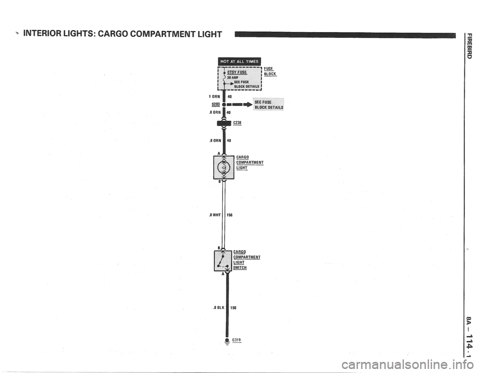 PONTIAC FIERO 1988  Service Repair Manual 
INTERIOR LIGHTS: CARGO  COMPARTMENT  LIGHT 
COMPARTMENT 
.8 WHT 156   