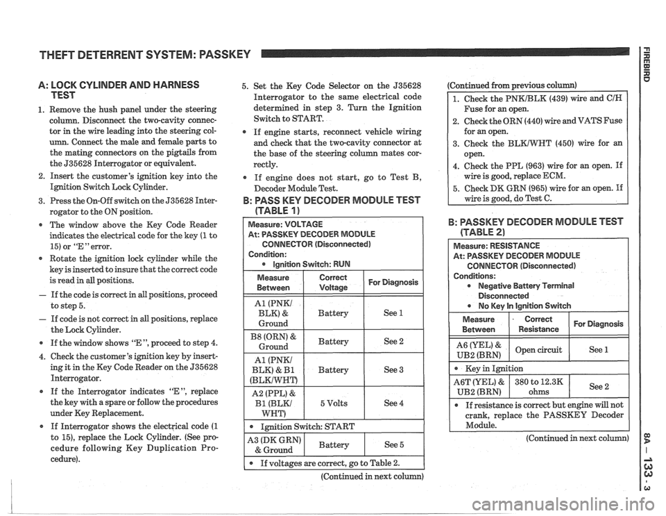 PONTIAC FIERO 1988 Service Repair Manual
THEFT DETERRENT SYSTEM: PASSKEY I i
A: LOCK CYLINDER AND HARNESS
TEST
1. Remove the hush panel under the steering
column. Disconnect the two-cavity connec-
tor in the wire leading in PONTIAC FIERO 1988 Service Repair Manual
THEFT DETERRENT SYSTEM: PASSKEY I i
A: LOCK CYLINDER AND HARNESS
TEST
1. Remove the hush panel under the steering
column. Disconnect the two-cavity connec-
tor in the wire leading in