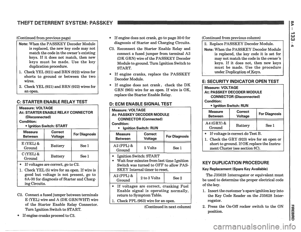 PONTIAC FIERO 1988 Service Repair Manual
Continued from previous page)
Note: VVhen the PASSKEY Decoder Module
is replaced, the new key code may not
match the code in the owners existing
keys. If it does not match, then new PONTIAC FIERO 1988 Service Repair Manual
Continued from previous page)
Note: VVhen the PASSKEY Decoder Module
is replaced, the new key code may not
match the code in the owners existing
keys. If it does not match, then new
