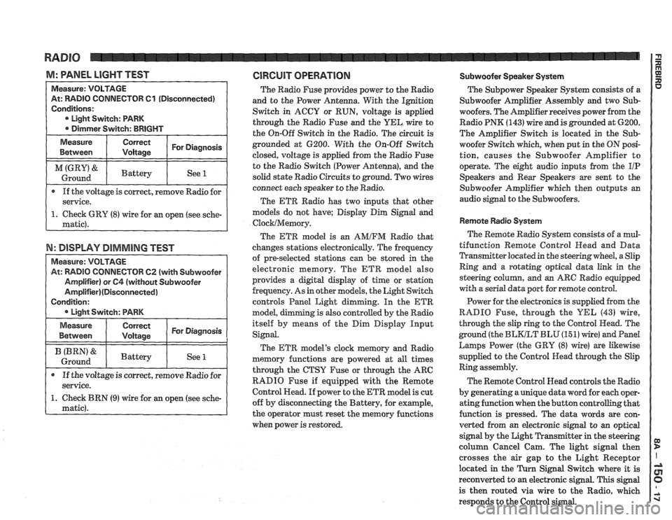 PONTIAC FIERO 1988  Service Repair Manual 
M: WNEL LIGHT TEST GlRGUlT OPERATION Subwoofer Speaker System 
TOR 61 (Disconnected) 
If the  voltage  is correct, remove Radio for 
N: DISPLAY DIMMING TEST 
TOW 62 (with Subwoofer 
The  Radio  Fuse 