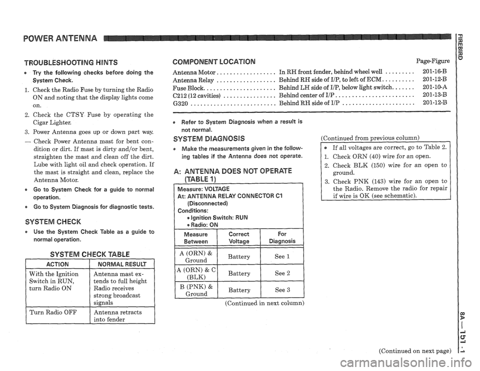 PONTIAC FIERO 1988  Service Repair Manual 
POWER ANTENNA 
TROUBLESHOOTING HINTS 
r Try the  following  checks  before  doing  the 
System  Check. 
1. Check the Radio Fuse  by turning  the Radio 
ON and  noting  that the display  lights come 
