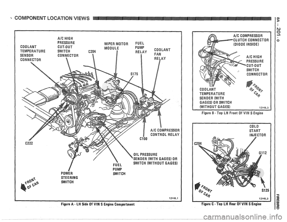 PONTIAC FIERO 1988  Service Repair Manual 
-. COMPONENT LOCATION VIEWS 
PRESSURE WBPER MOTOR FUEL 
COO LAMT CUT-OBIT MODULE 
TEMPERATURE SMITGH C2 
SENSOR CBSMMECTBBR 
CONNECTOR 
FUEL SWITCH (WITHOUT GAGES) 
PUMP 
SWITCH 
STEERING 
SWITCH 
12