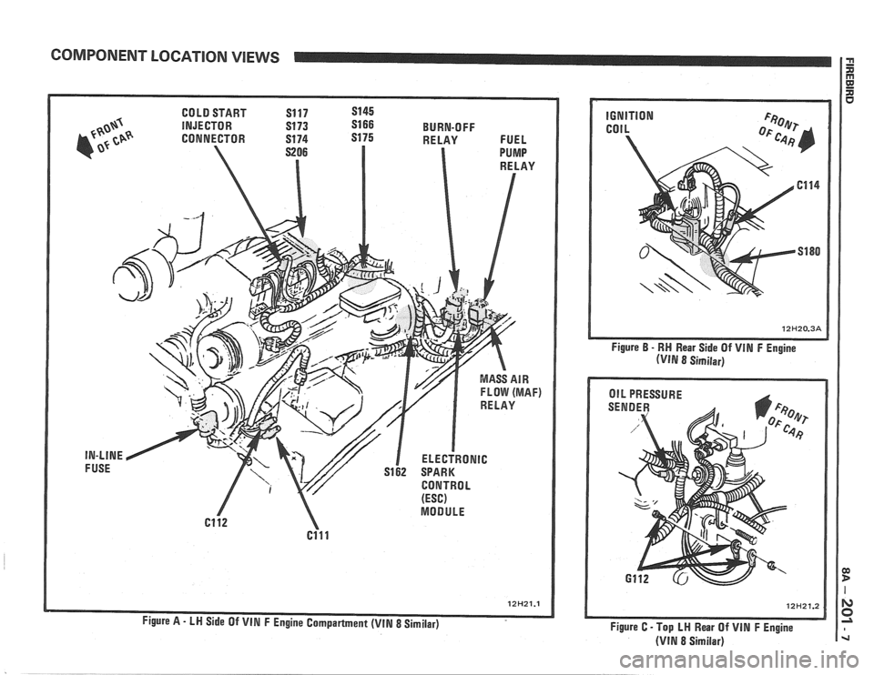 PONTIAC FIERO 1988  Service Repair Manual 
COMPONENT LOCATION VIEWS 
COLD START S117 S145 
INJECTOR  S173 
S166 BURN-OFF 
CONNECTOR  S174  S175 RELAY  FUEL 
S2  06 
1 PUMP 
MODULE  Figure 
B 
- RN Rear  Side Of VIM F Engine 
(VIN 8 Similar) 
