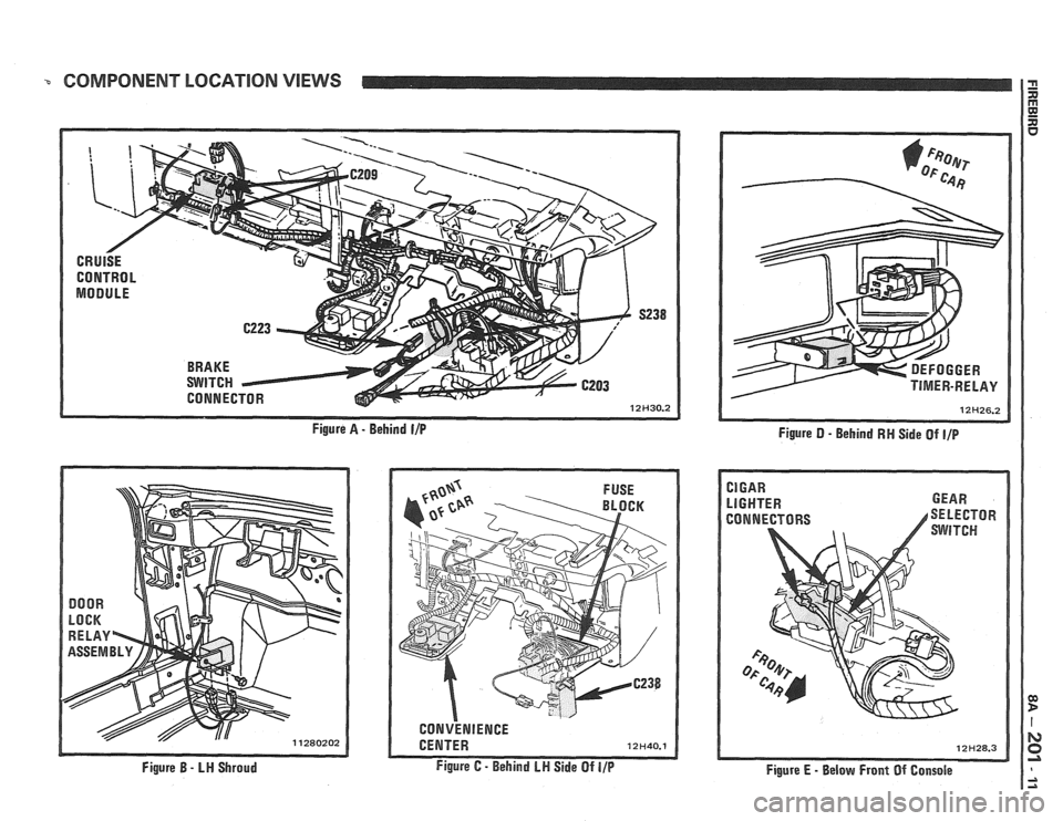 PONTIAC FIERO 1988 Service Repair Manual
COMPONENT LOCATION VIEWS n I =
MODULE CONNECTOR
rgure A - Behind l/P
Figure B - LN Shroud
.--- TIMER-RELAY
Figure D
- Behind RN Side Of I/P
Figure E - Below Front Of Console PONTIAC FIERO 1988 Service Repair Manual
COMPONENT LOCATION VIEWS n I =
MODULE CONNECTOR
rgure A - Behind l/P
Figure B - LN Shroud
.--- TIMER-RELAY
Figure D
- Behind RN Side Of I/P
Figure E - Below Front Of Console