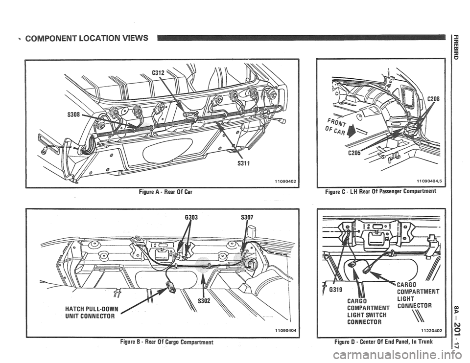 PONTIAC FIERO 1988 Service Repair Manual
COMPONENT LOCATION VIEWS 18
Figure A - Rear Of Car
Figure B - Rear Of Cargo Compartment
CAR^^ BIGHT
COMPARTMENT Co~NeCTOR \
LlGHT SWITCH
CONNECTOR PONTIAC FIERO 1988 Service Repair Manual
COMPONENT LOCATION VIEWS 18
Figure A - Rear Of Car
Figure B - Rear Of Cargo Compartment
CAR^^ BIGHT
COMPARTMENT Co~NeCTOR \
LlGHT SWITCH
CONNECTOR
