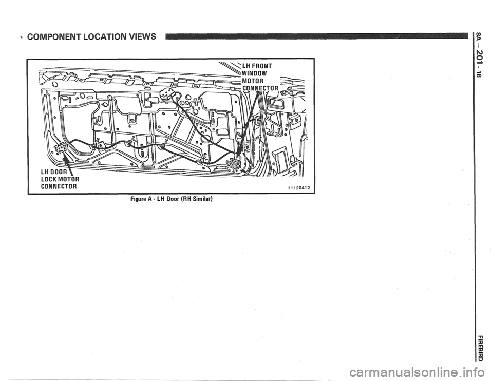 PONTIAC FIERO 1988 Service Repair Manual
COMPONENT LOCATION VIEWS
Figure A - LN Door (RN Similar) PONTIAC FIERO 1988 Service Repair Manual
COMPONENT LOCATION VIEWS
Figure A - LN Door (RN Similar)