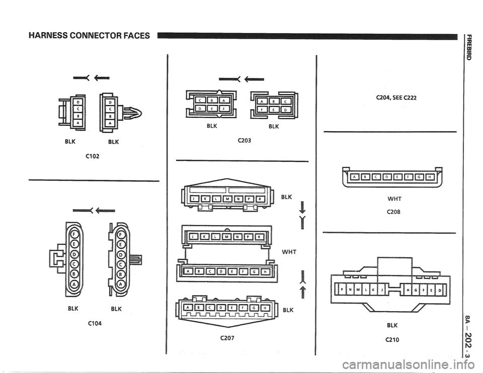 PONTIAC FIERO 1988  Service Repair Manual 
HARNESS CONNECTOR  FACES 
BLK  BLK 
C102 
BLK BLK  BLK 
BLK 
BLK 
WHT 
BLK 
C204, SEE C222 
WMT 
C208 
BLK   